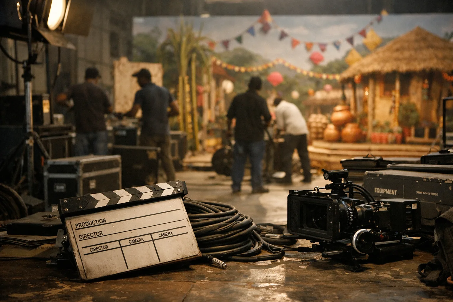 A photorealistic Hyderabad film set with a clapperboard, studio lights, film equipment and a large unfinished festival-themed set, while crew members pack away after a shooting schedule.