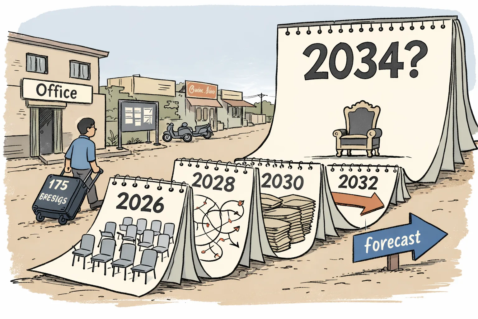 A giant calendar leading to a distant page marked “2034?” stands beside a modest Andhra Pradesh district office, while a worker wheels a suitcase labelled “175 meetings” past unopened files.