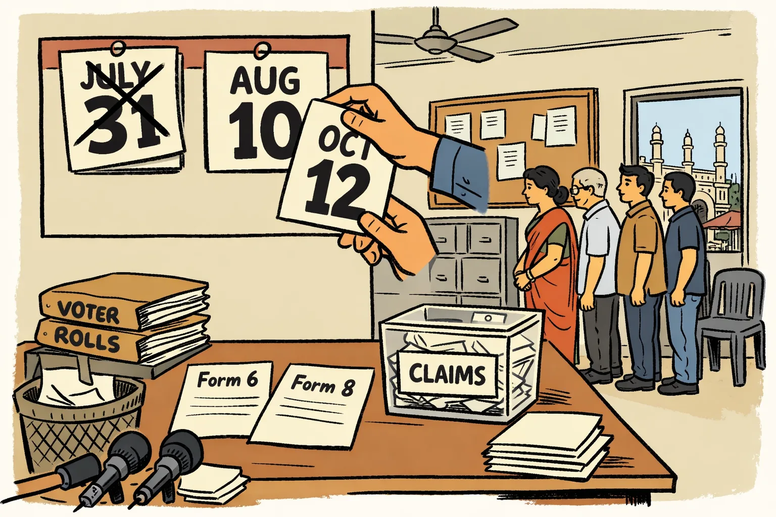 A large Election Commission wall calendar in a Telangana polling-office setting has its earlier dates crossed out and new dates pinned beside a patient queue of voters, while two empty microphones wait on a side table.