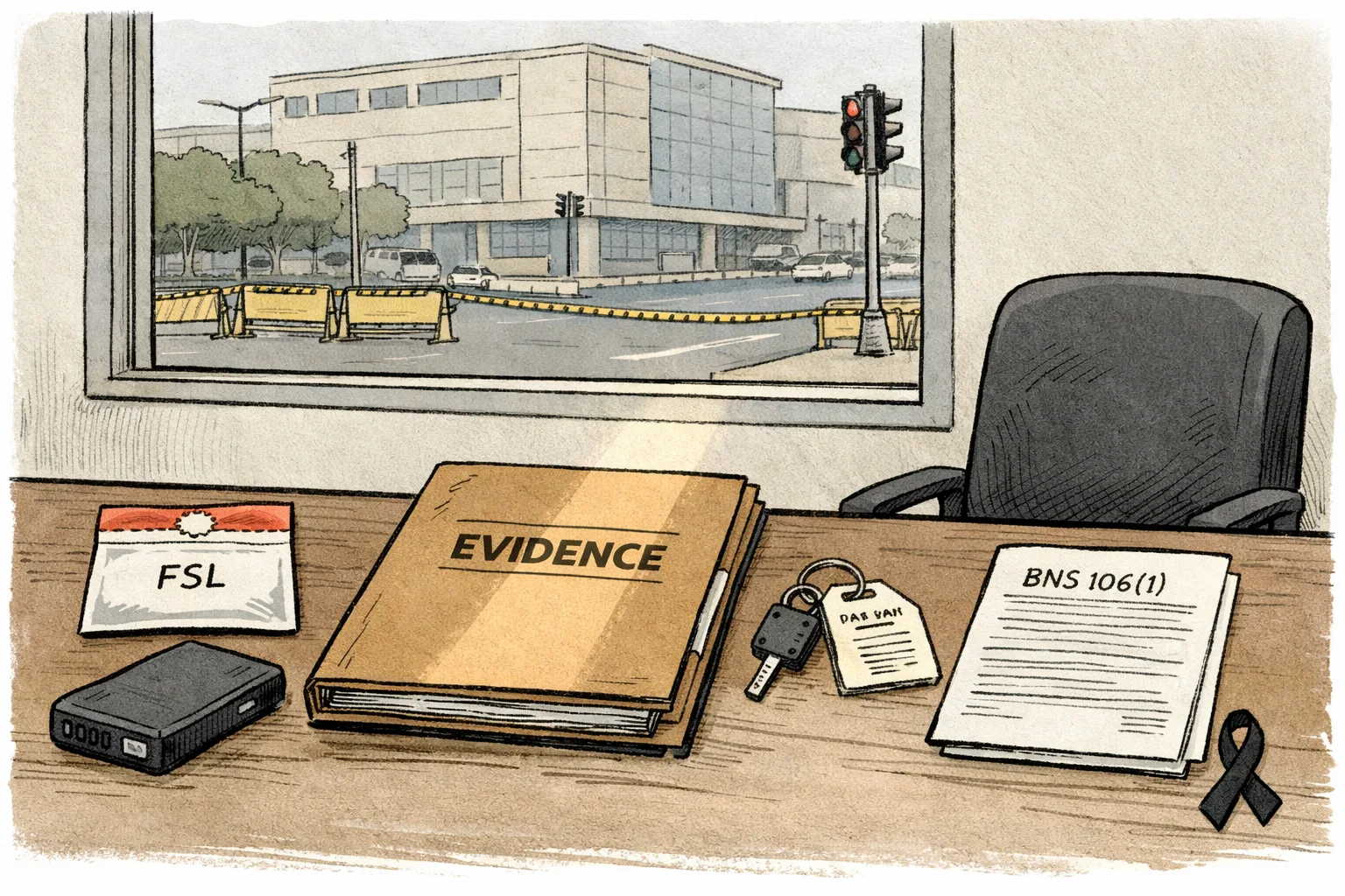 A sober illustration of a Madhapur police desk with a closed evidence folder, a sealed FSL sample envelope, a CCTV drive, a vehicle seizure tag and a BNS 106(1) page, with a Hyderabad road junction visible outside.