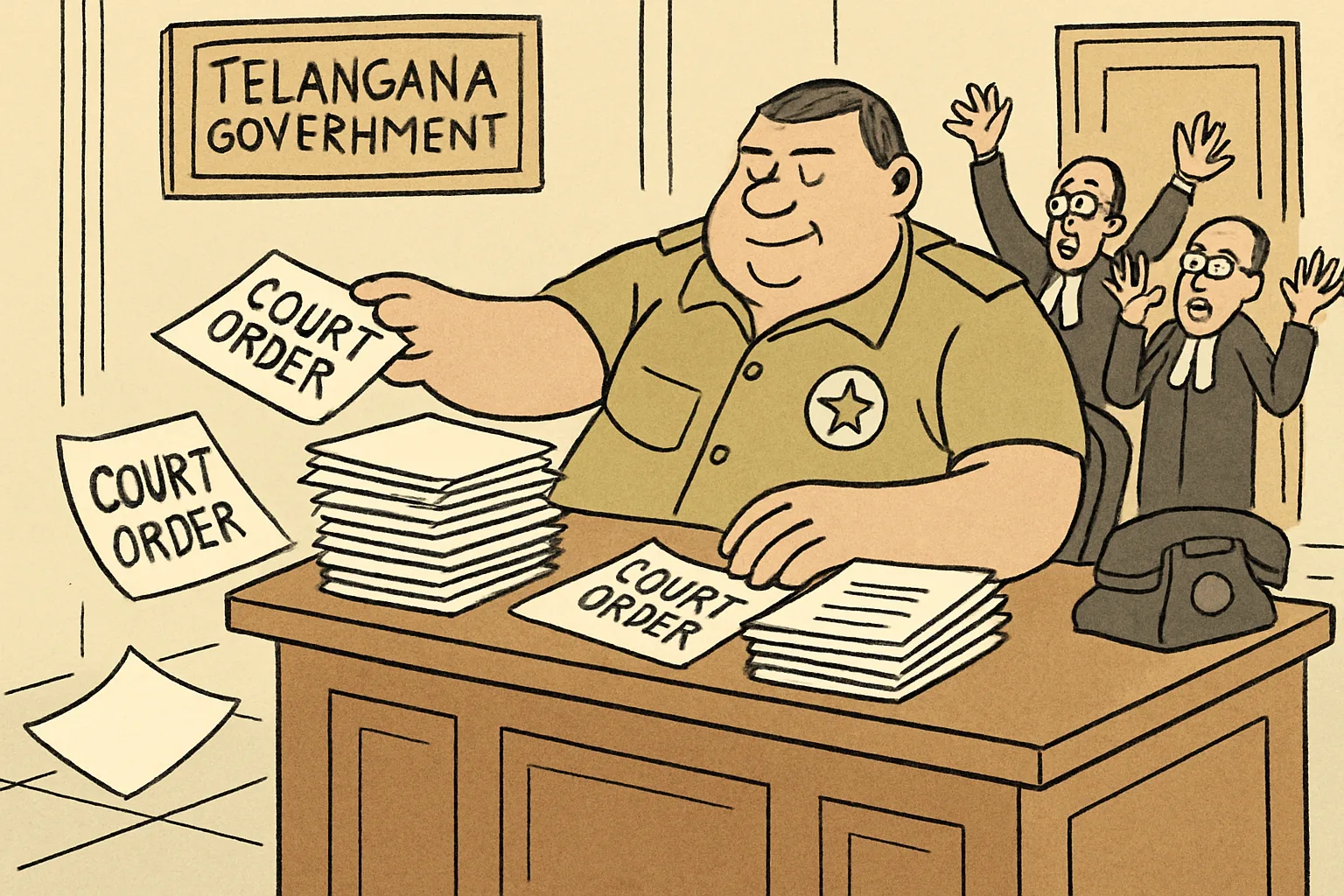 A caricature showing an oversized official figure at a desk dismissing stacks of court orders, while smaller judicial figures gesture in frustration behind.