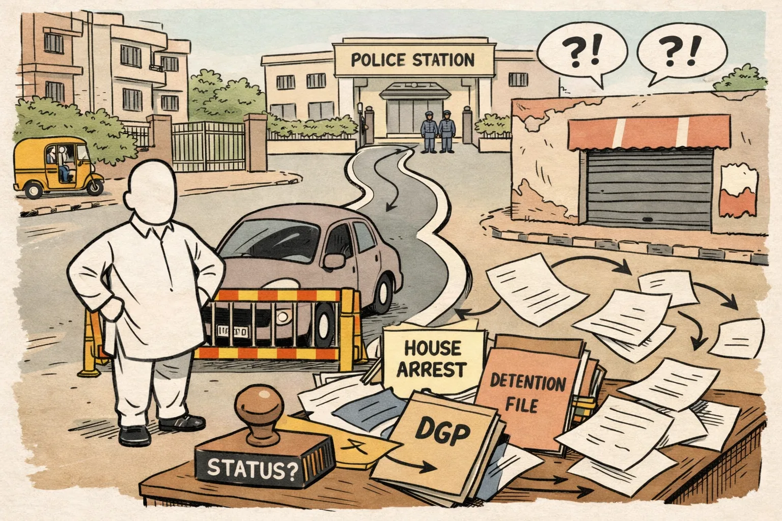 A small car blocked by a police barricade on a short road pointing to Nalgonda, with a police station ahead and loose detention and investigation papers swirling around it.