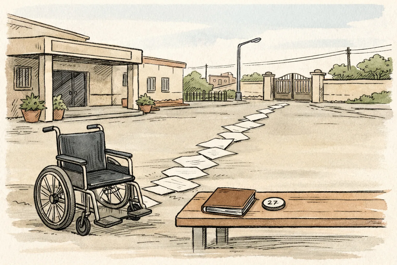 An empty wheelchair and closed patient-record file stand outside a hospital, with blank paperwork leading along a quiet road toward a residential gate.