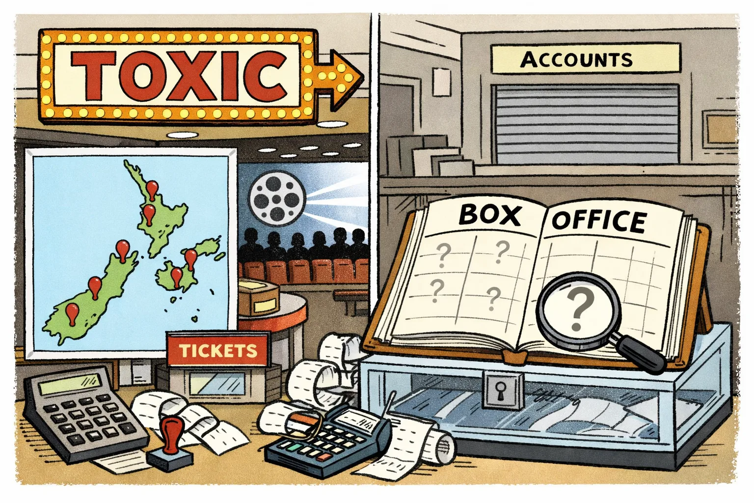 A cinema foyer map marks releases in New Zealand and Fiji beside an empty box-office ledger, calculators and receipts with conflicting blank totals.