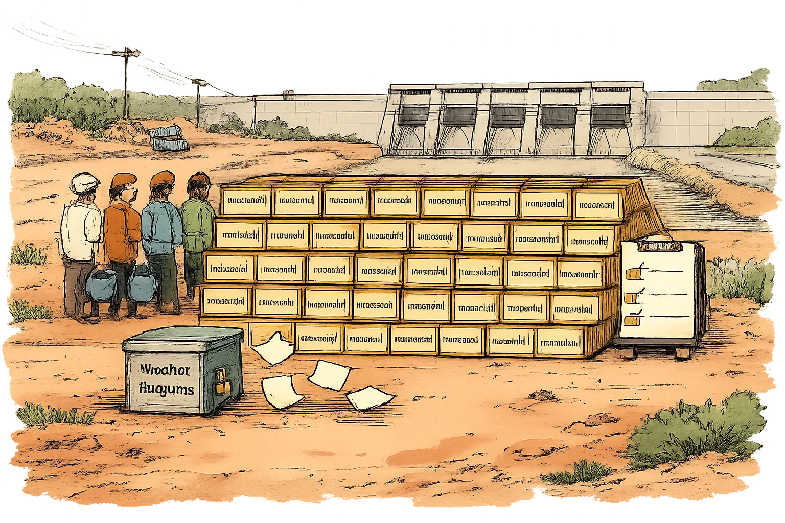A huge wall of barricades blocks a road to the Jurala barrage while farmers stand behind it with empty irrigation cans; a tiny locked box marked water figures sits beside the barriers.