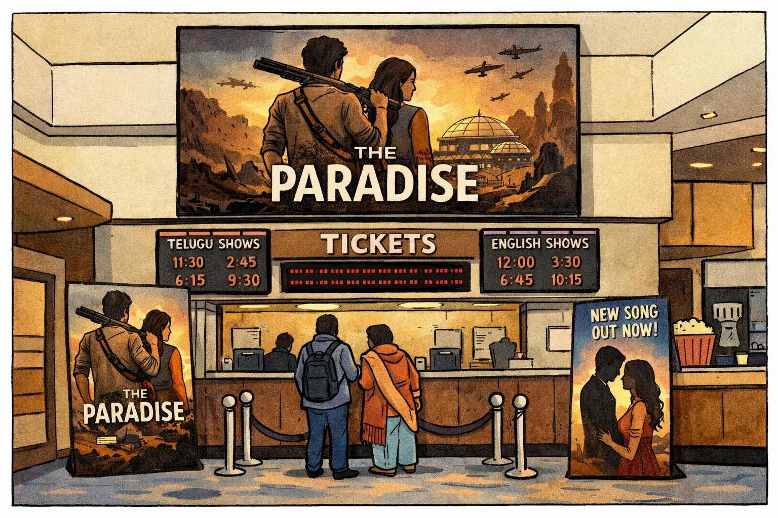 A Hyderabad cinema foyer displays a large The Paradise poster above a ticket counter, with smaller promotional standees and showtime boards nearby.