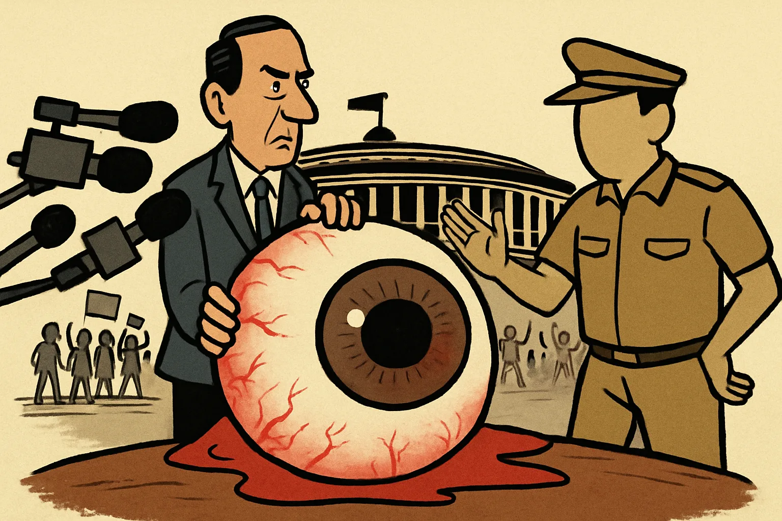 An oversized injured eye dominates the frame. A politician in a suit holds it toward media cameras on the left. A uniformed officer gestures dismissively on the right. Small, indistinct student figures are barely visible in the background, nearly hidden behind the larger institutional figures.