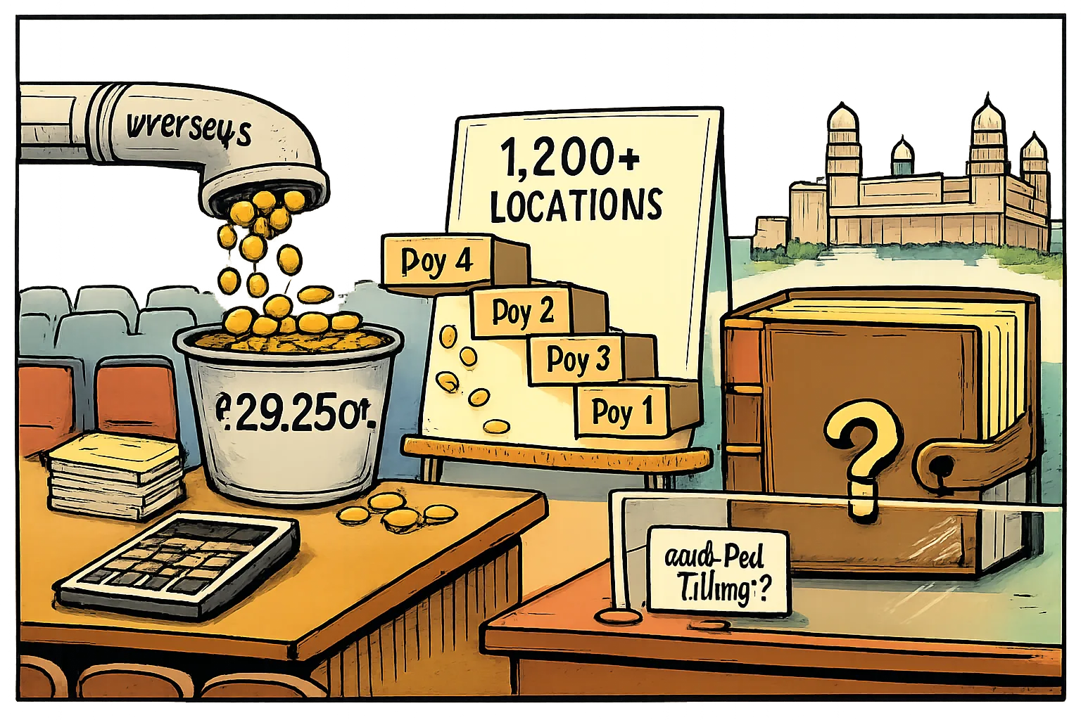 A cartoon counting room shows coins flowing into a bucket marked ₹29.25 crore, an awkward four-day staircase, a large 1,200-plus locations board and a closed ledger behind glass.