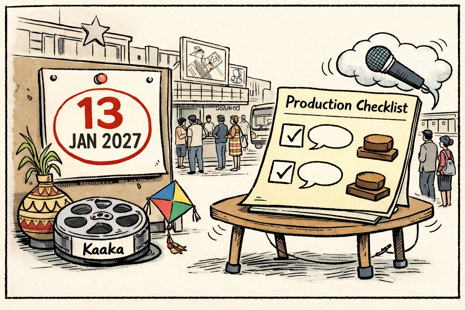 A Hyderabad cinema noticeboard firmly displays January 13, 2027 beside a Kaaka film reel, while a production checklist marked by loose whisper bubbles wobbles nearby.