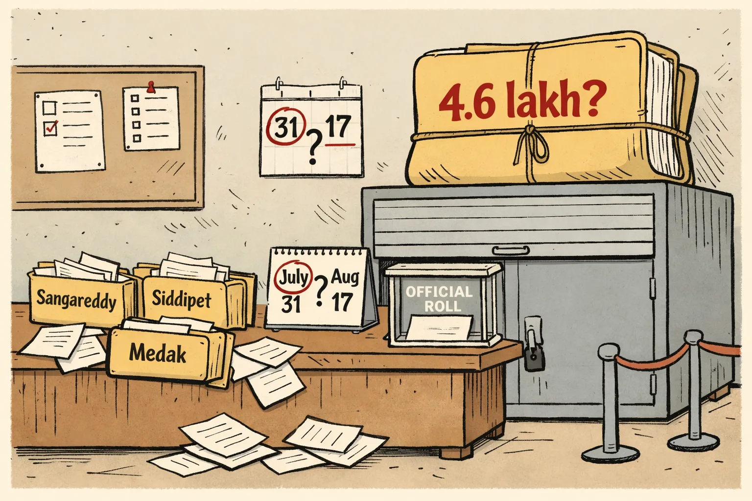 A huge sealed electoral-roll file labelled “4.6 lakh?” sits on a Telangana government office counter while three district folders marked Sangareddy, Siddipet and Medak spill loose voter slips into a wastebasket; a calendar shows two conflicting draft dates, July 31 and August 17, and a shuttered public-information window stands behind them.