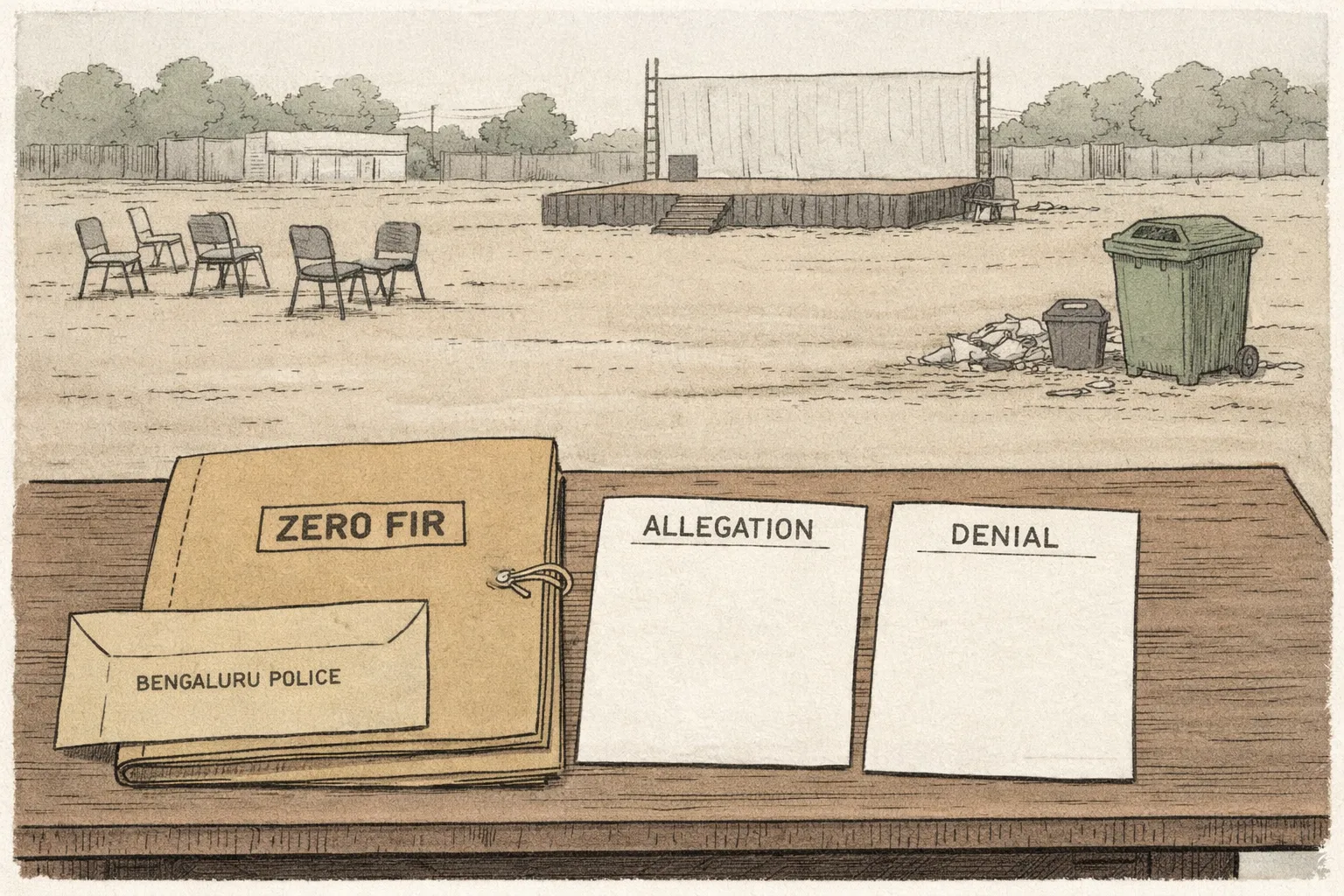 An empty public ground with folding chairs and a waste bin is shown behind a police desk holding a sealed file labelled “ZERO FIR” and two separate papers labelled “ALLEGATION” and “DENIAL”.