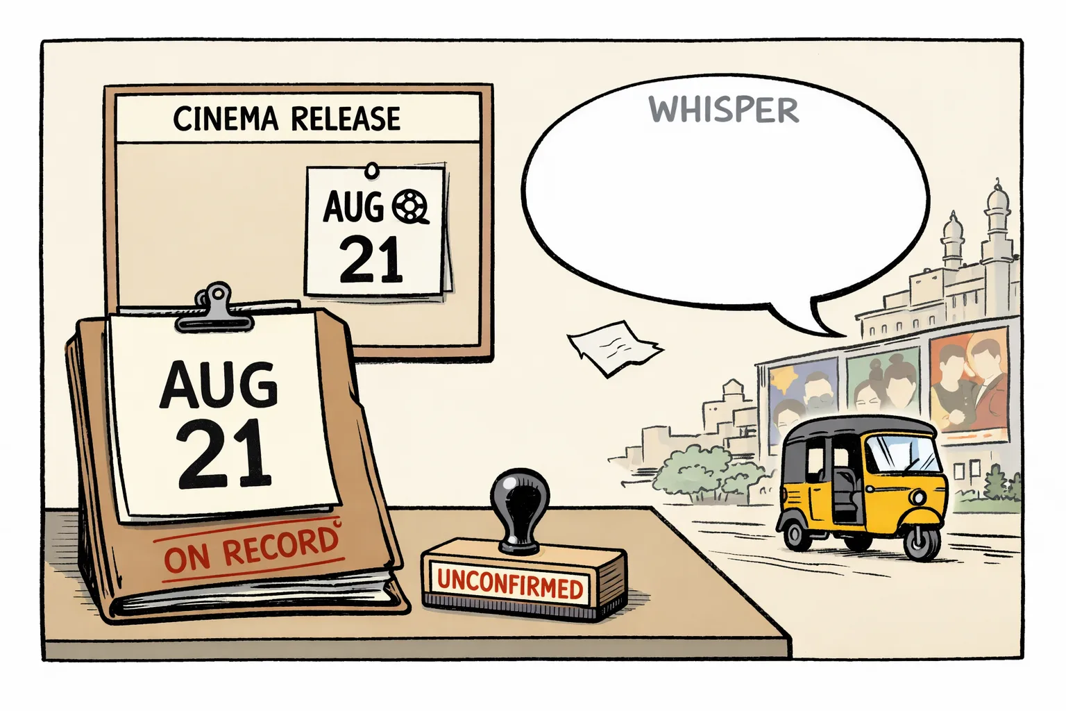 A cinema calendar marked August 21 sits on a desk beside an official film announcement pinned upright, while a faint anonymous speech bubble drifts away without any document attached.