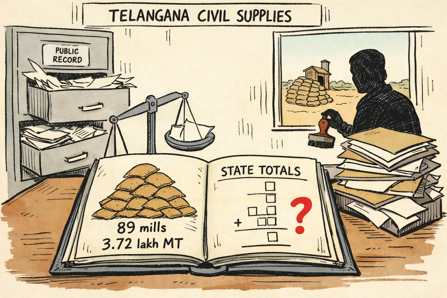 An oversized CMR ledger on a government office desk shows incomplete arithmetic beside empty files and loose paperwork, with a Telangana rice mill landscape outside.