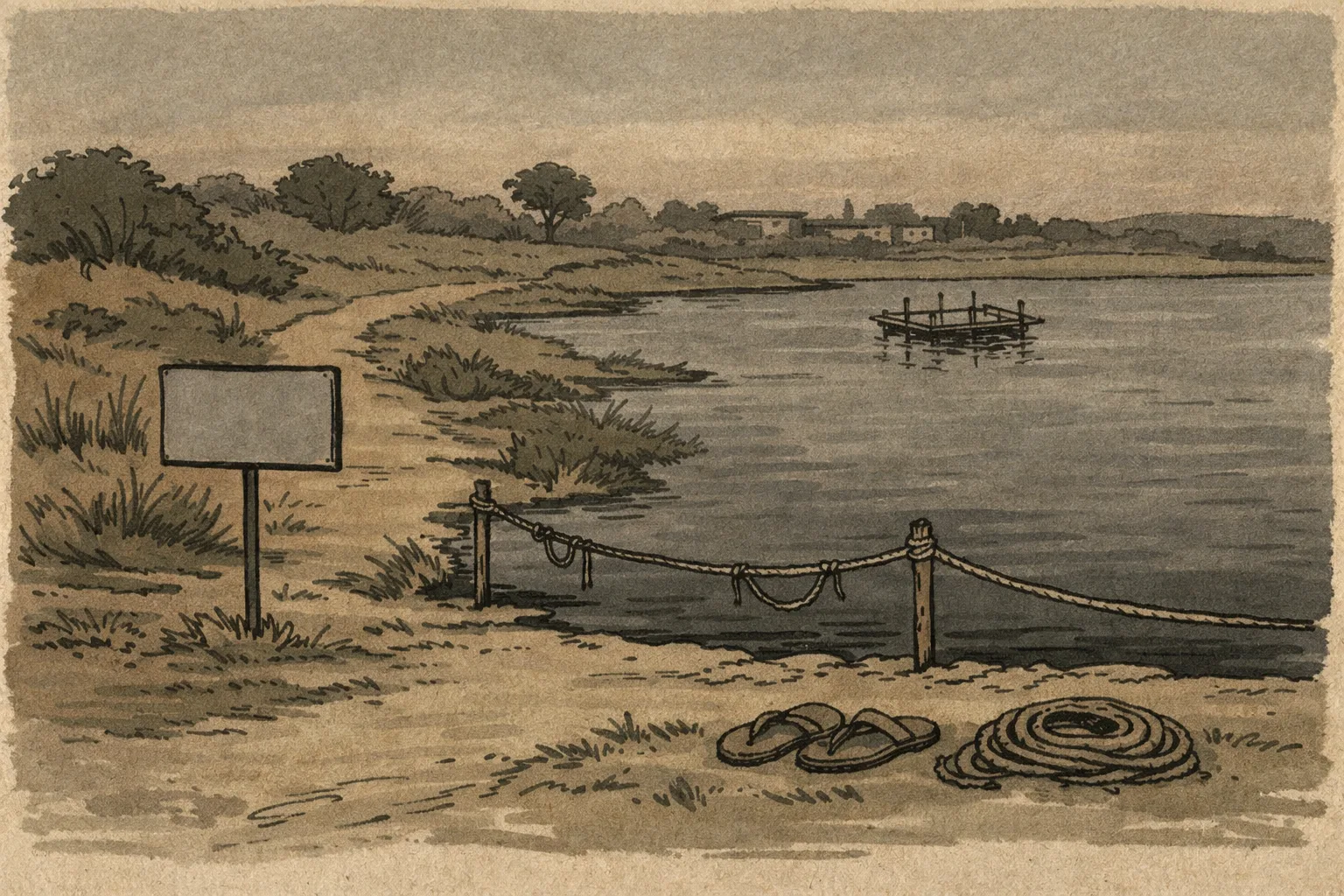 A subdued illustration of a still lake near a Telangana village, with an empty signboard, a broken rope barrier and rescue rope beside the water.