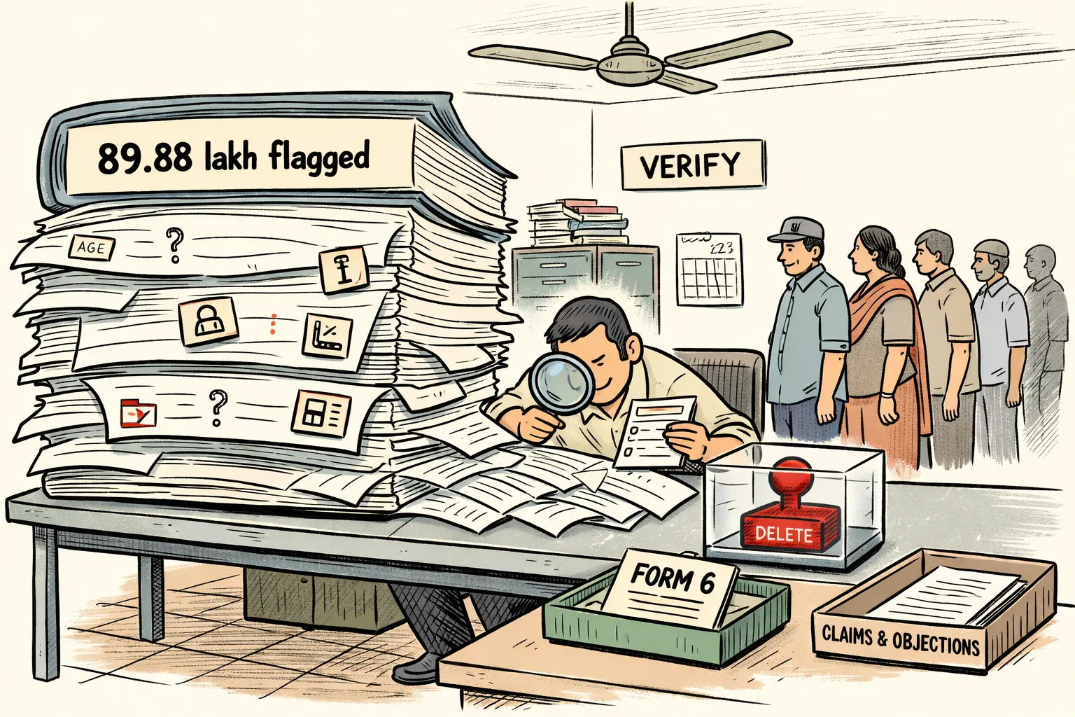 A giant election-roll ledger sits on a Hyderabad booth-level officer’s desk, covered with small question marks and sticky notes, while a separate red deletion stamp remains unused in a drawer. A queue of ordinary voters stands beside a Form 6 application counter.