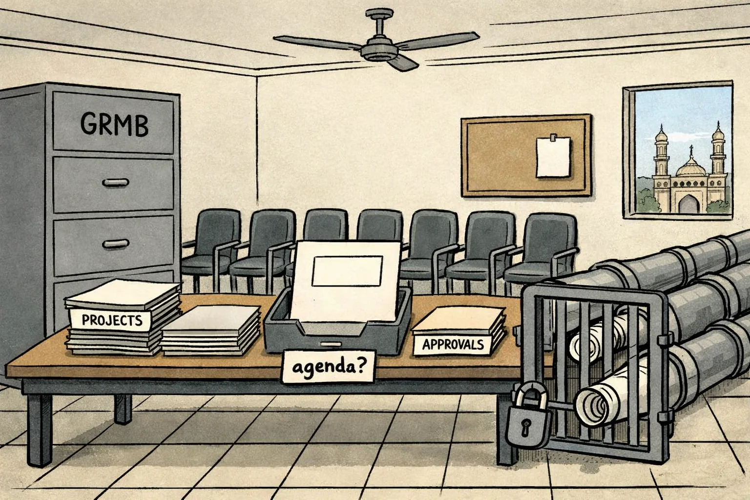 A Telangana government file cabinet marked "GRMB" stands beside an empty meeting table, while pipes labelled as project approvals lead toward it but stop before a missing agenda sheet; two neat rows of empty chairs sit in the background under a Hyderabad office fan.