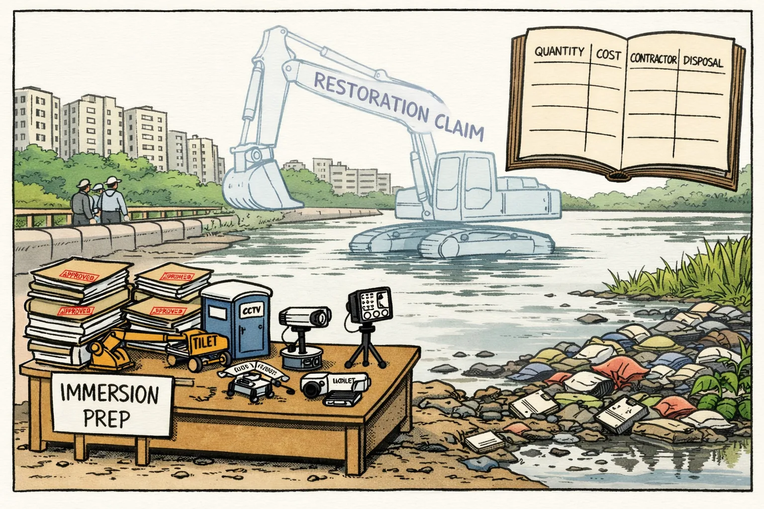 At the edge of a muddy Hyderabad lake, a municipal desk holds files and equipment for festival preparations while a transparent excavator labelled restoration claim hovers over blank paperwork.