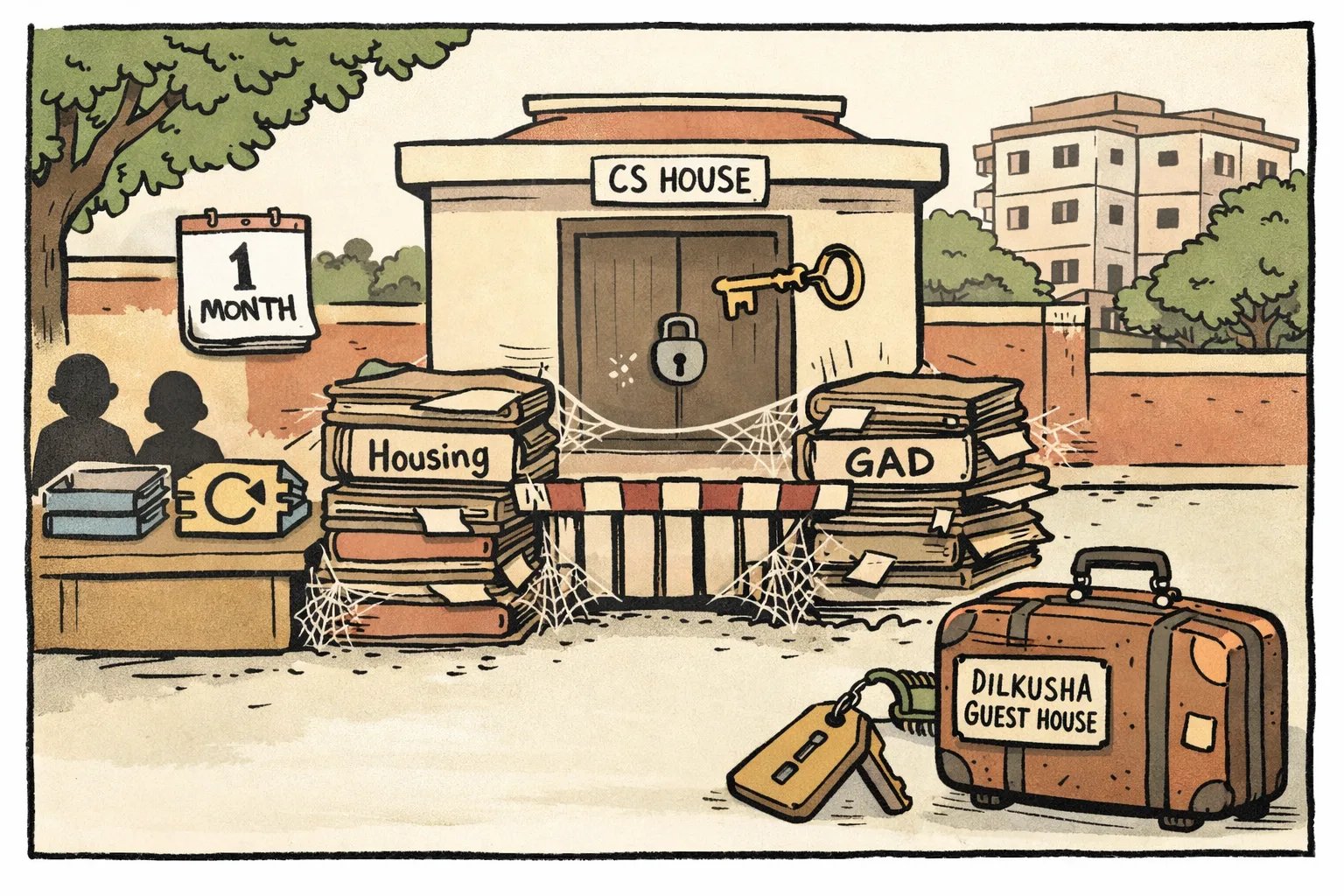 A dusty government housing file sits on a desk beneath a calendar marked one month later, while a small official residence key hangs just out of reach and a guest-house suitcase rests beside the desk.