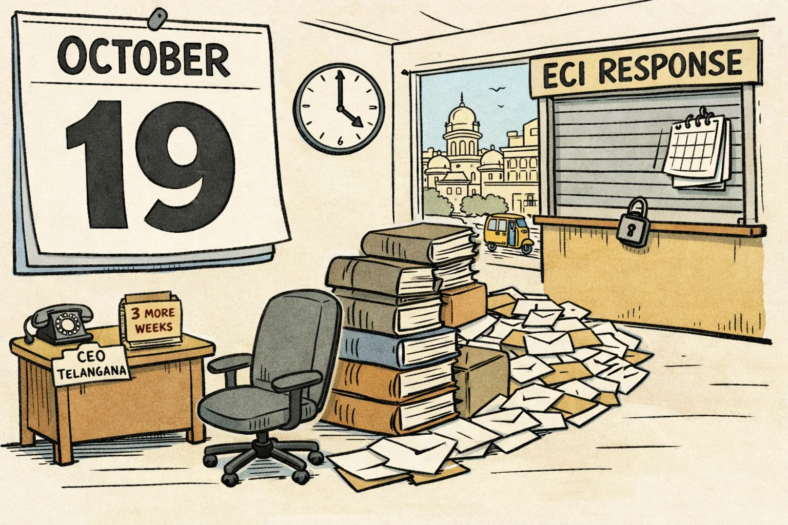 A giant October 19 calendar page towers over electoral-roll files and notice envelopes outside a locked counter labelled ECI Response, while a Telangana government office desk holds a request for three more weeks.