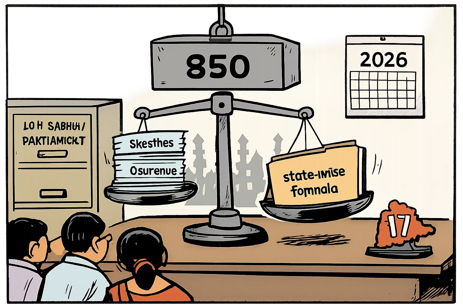 An editorial cartoon shows a large box marked 850 hanging above a weighing scale, with speeches on one side and an empty folder marked state-wise formula on the other; a Telangana marker marked 17 waits beside the desk.