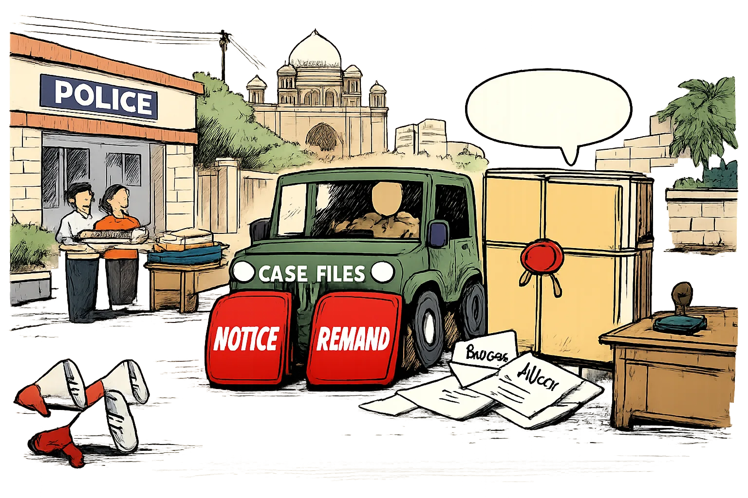 A police jeep stopped by two large brake pedals marked “NOTICE” and “REMAND” stands outside a Telangana police station, beside a towering silent government file and scattered legal papers.