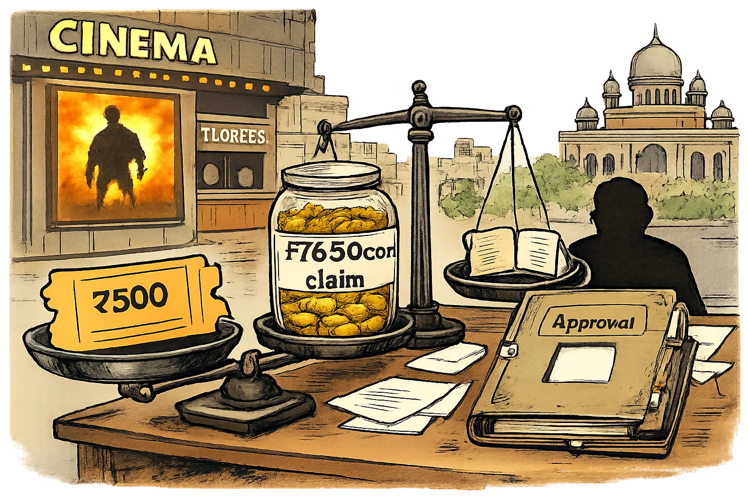 An oversized ₹500 cinema ticket and a jar marked ₹76.90 crore claim stand beside an approval file with its memo missing, outside a Hyderabad multiplex and courthouse.
