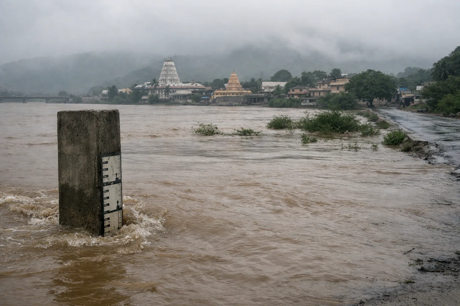 Muddy Godavari water stands high beside a concrete river gauge at Bhadrachalam under dark monsoon clouds.