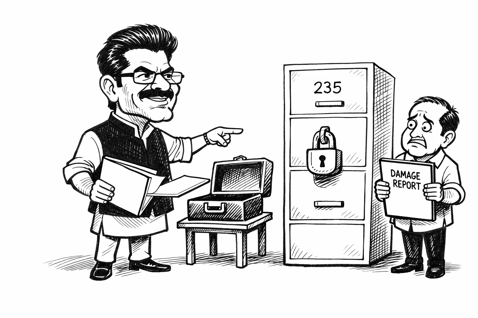 Revenue Minister Ponguleti Srinivas Reddy points toward a locked cupboard marked 235 while offering an empty folder to a government dispatch box; an aide holds a blank damage report.