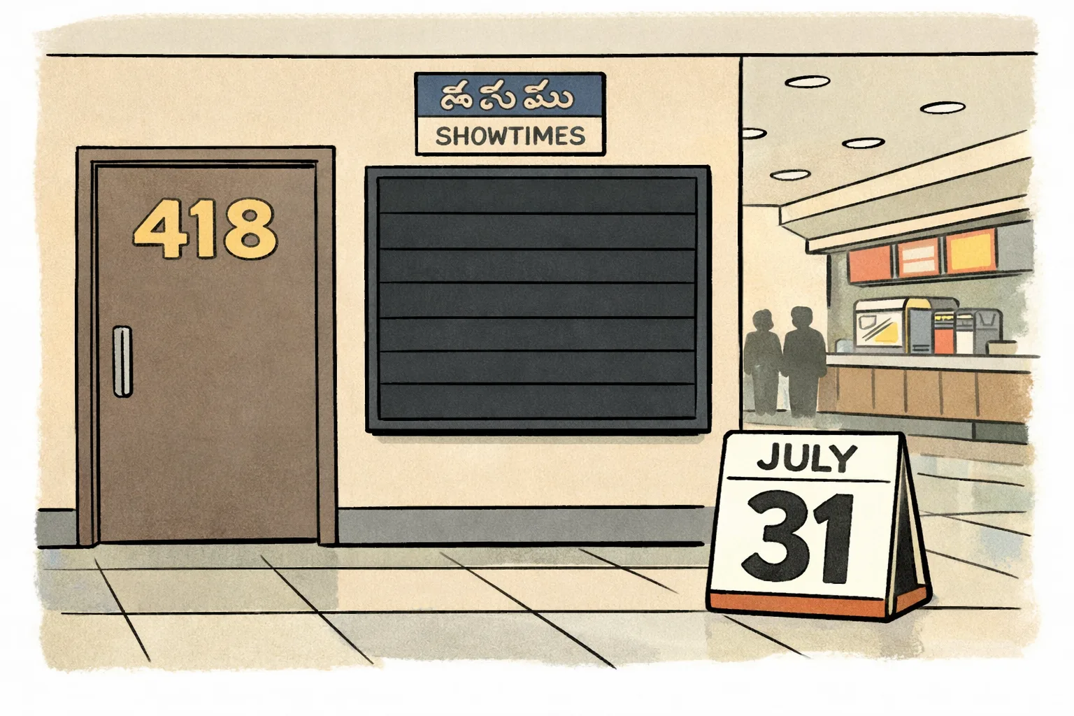 A cinema foyer with a locked door marked 418, a July 31 calendar page, and an empty showtimes board beneath a theatrical release poster.