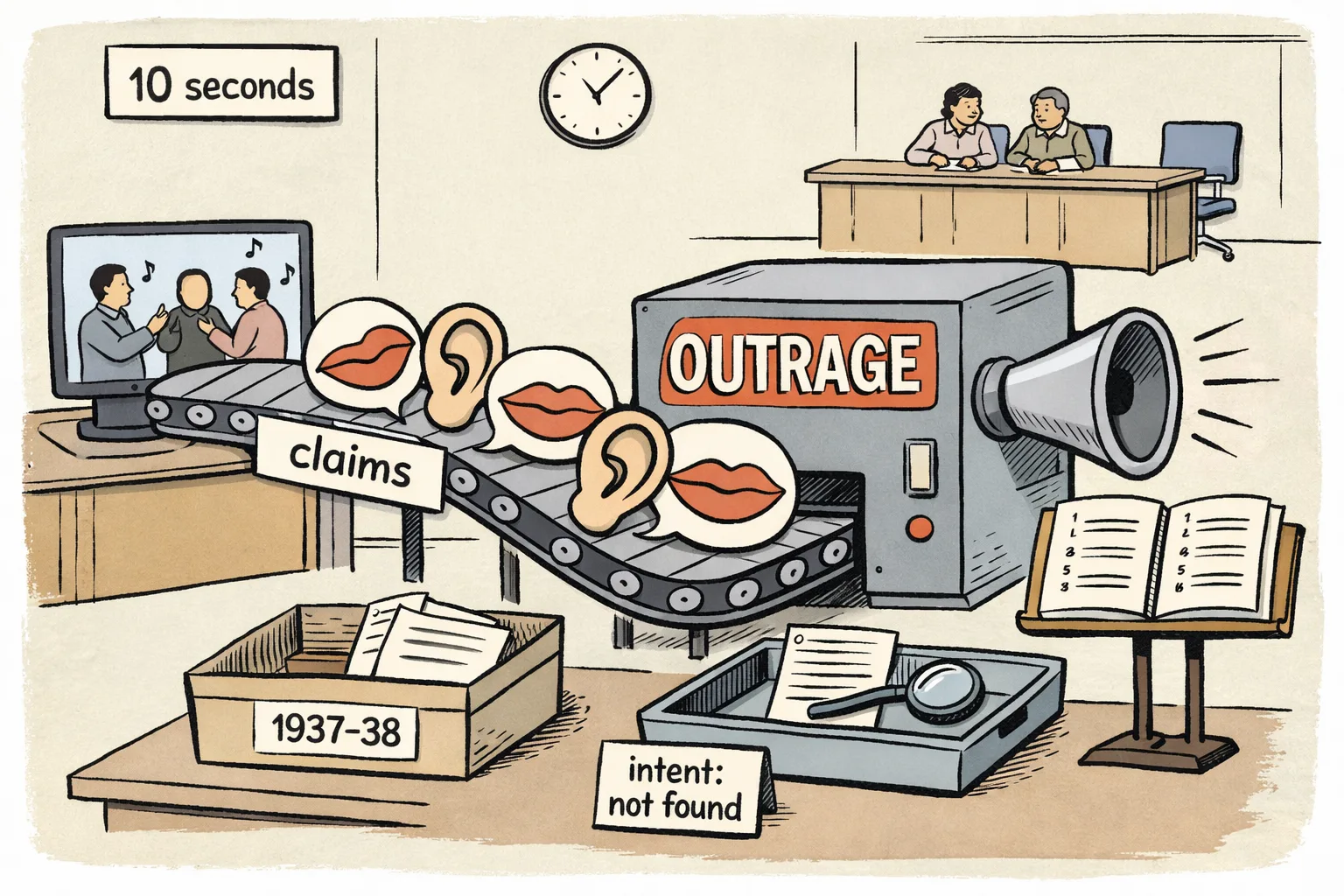 A tiny video monitor beside an archive box and an empty police evidence tray feeds an oversized machine labelled “OUTRAGE” through a conveyor belt of claims.