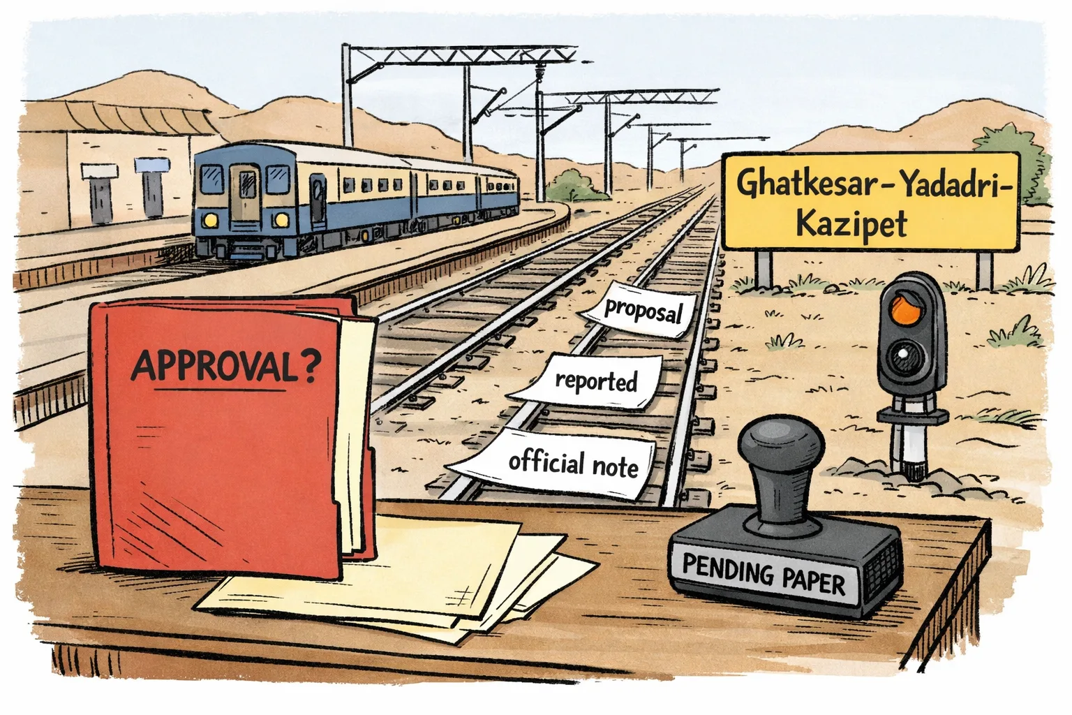 A Telangana railway junction with four tracks and a waiting passenger train; in front, an oversized open approval file has its main sheet missing, with loose papers trailing beside the tracks and a stamp reading “PENDING PAPER.”