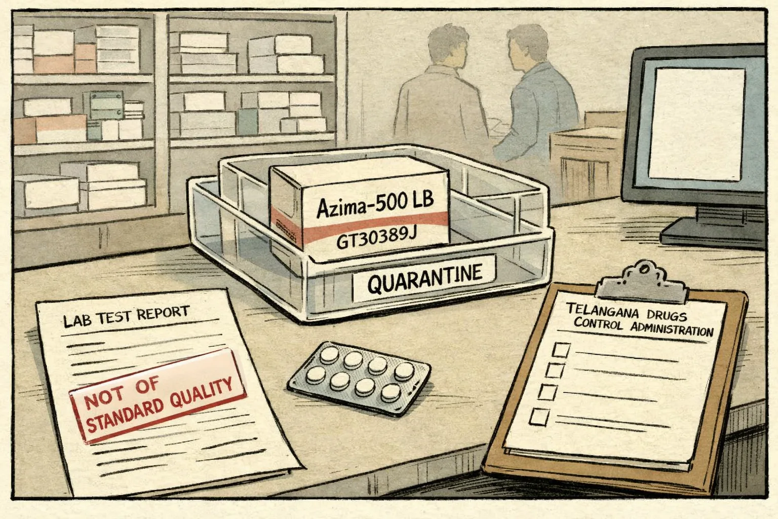A sealed Azima-500 LB batch marked GT30389J sits isolated on a pharmacy inspection table beside a laboratory report stamped Not of Standard Quality.