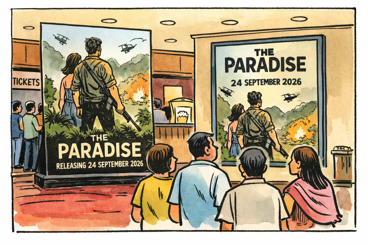 A Hyderabad cinema foyer displays a promotional standee for The Paradise with the release date 24 September 2026.