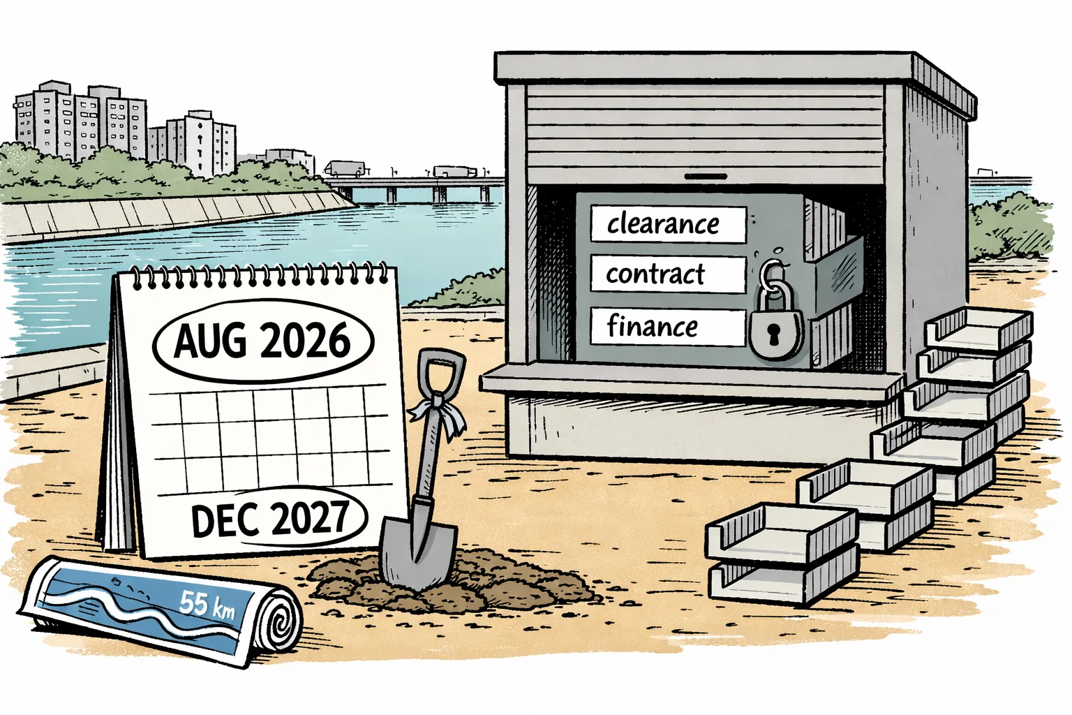 A large calendar marked August 2026 and December 2027 stands beside a dry Musi riverbed, while an oversized folder labelled ‘clearances, contracts, finance’ remains locked behind a government-office counter; a shovel leans unused in the foreground.