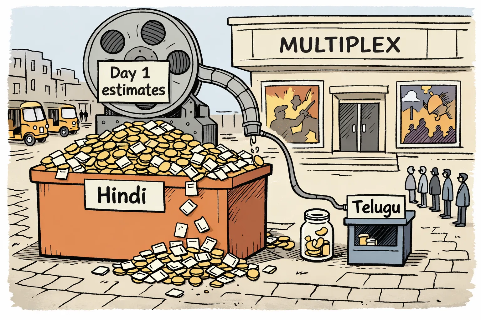 A cartoon outside a Telangana multiplex shows an overflowing Hindi collection counter beside a tiny Telugu counter holding only a few coins, fed by a lopsided film-reel machine.