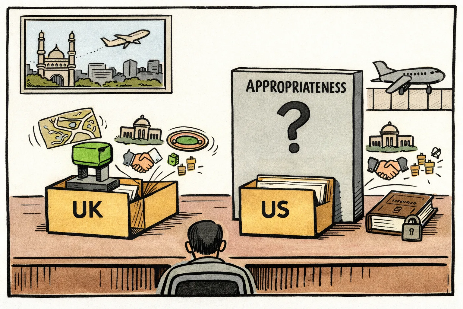 Two identical travel folders from a Telangana government office are treated differently: one marked UK passes a green stamp, while one marked US is blocked by an opaque wall labelled appropriateness and a blank rulebook.