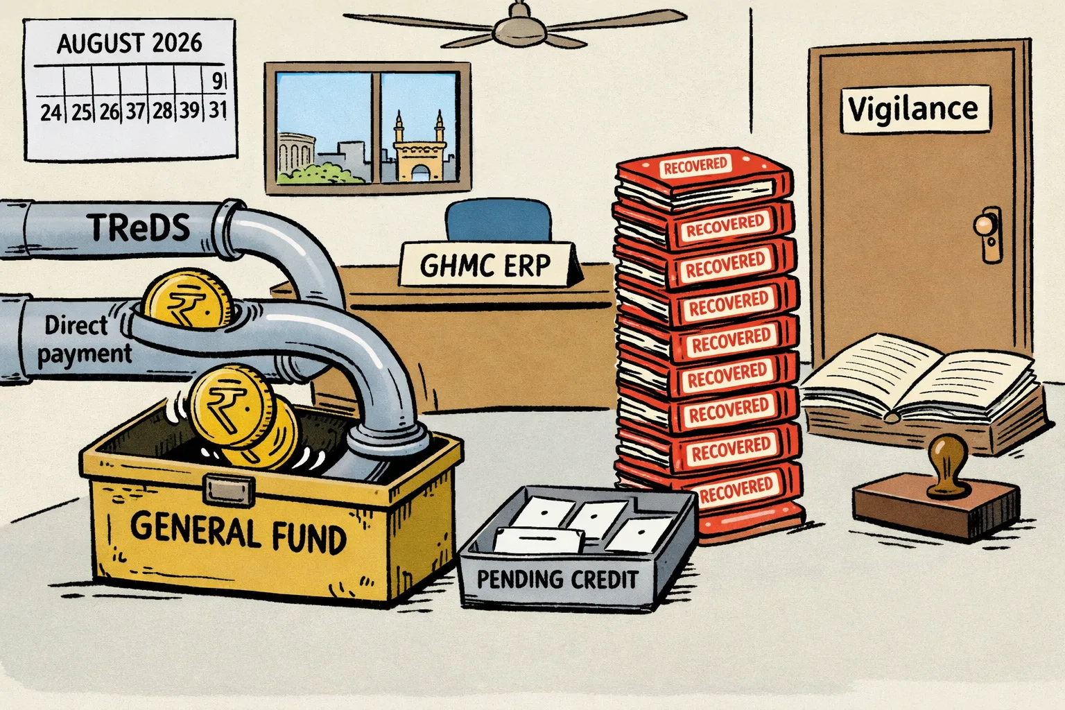 A cartoon municipal office shows one rupee coin travelling through two payment pipes into the same General Fund cash box, while demand-draft envelopes wait beside an unopened Vigilance door.