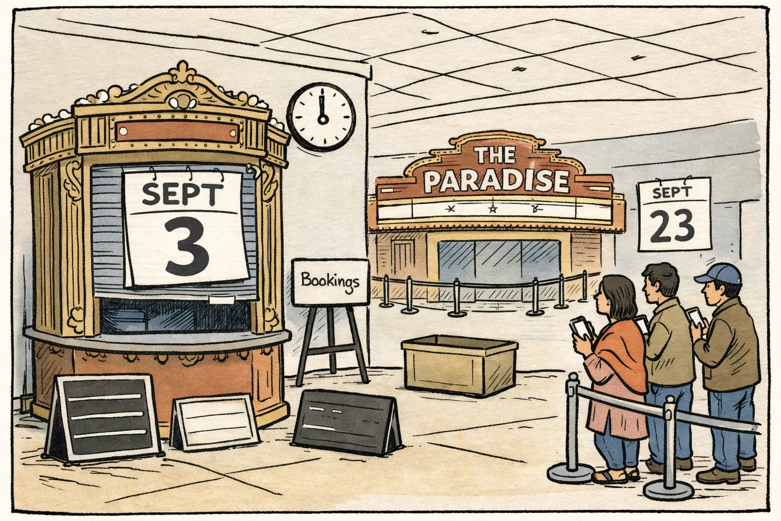 An empty multiplex lobby has a September 3 booking clock and blank showtime boards, while a distant cinema marquee for The Paradise is marked for September 23.