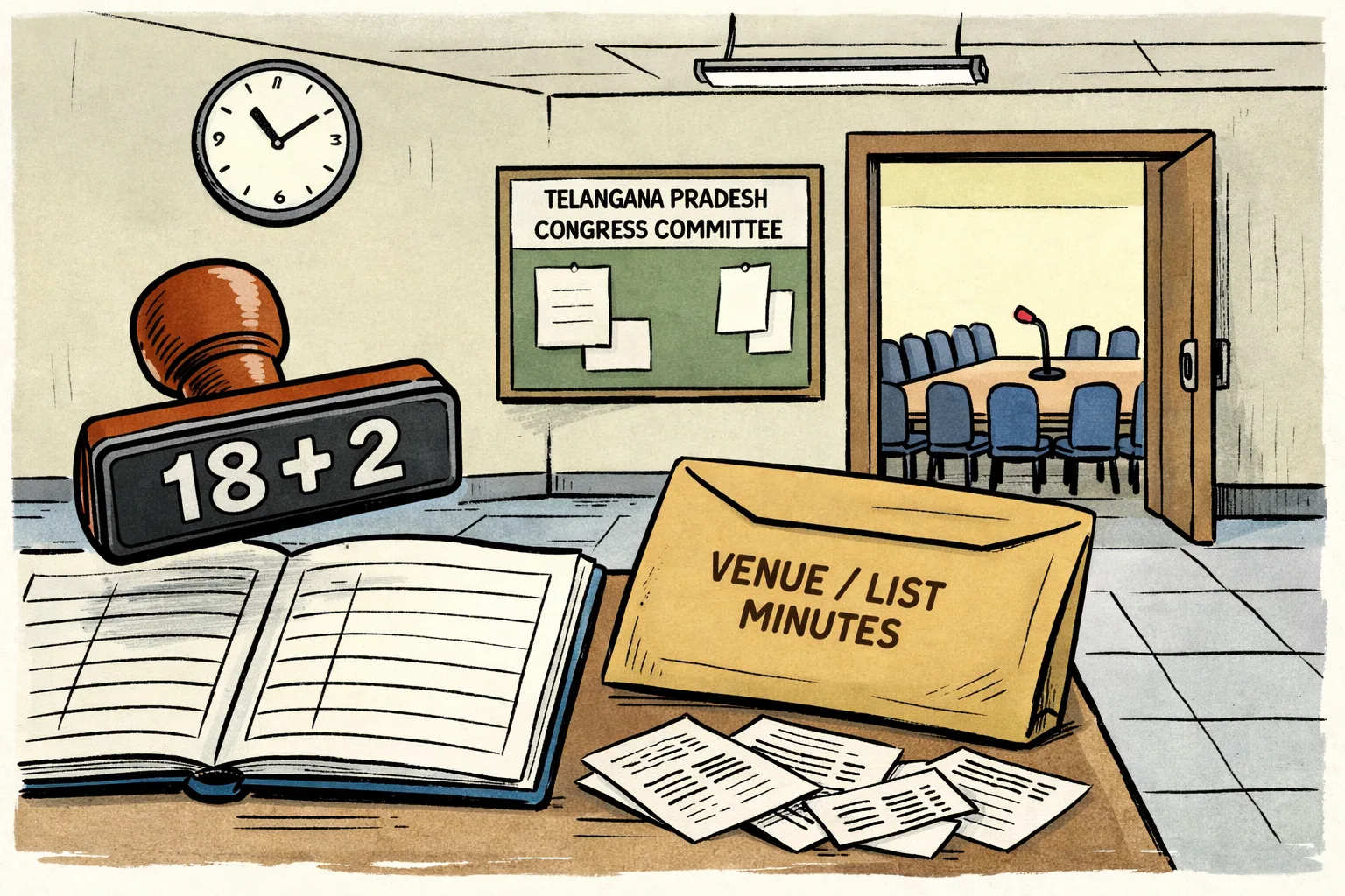 An empty Hyderabad-style party office meeting room sits behind a closed door, with twenty-two vacant chairs, an unopened envelope and a blank attendance register under a large “18 + 2” stamp.