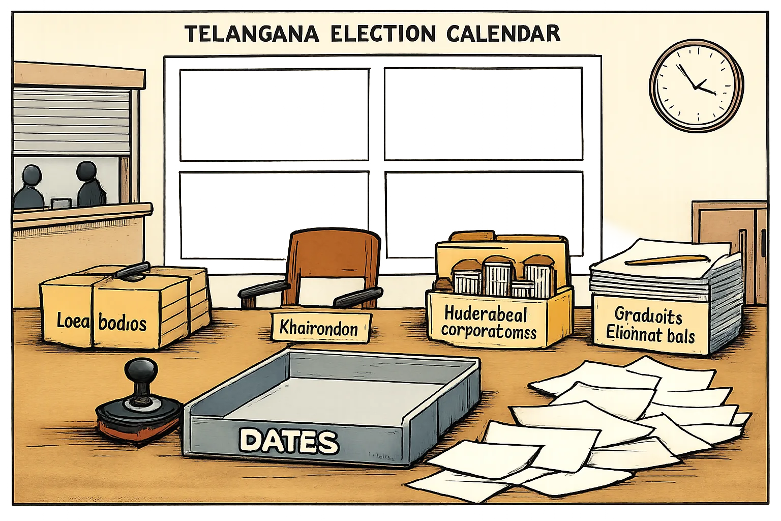 A giant Telangana election calendar has four blank boxes, surrounded by files for local-body polls, Khairatabad, Hyderabad corporations and graduate electoral rolls; an empty dates tray sits on a government office desk.