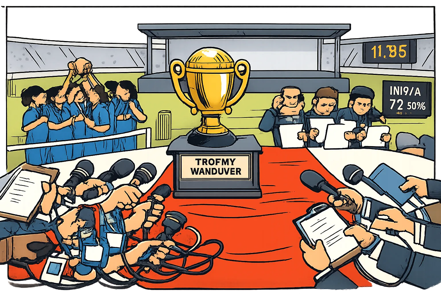 An oversized cricket trophy presentation setup stands empty while a women’s cricket team celebrates separately with medals and a smaller cup beside the stadium stage.