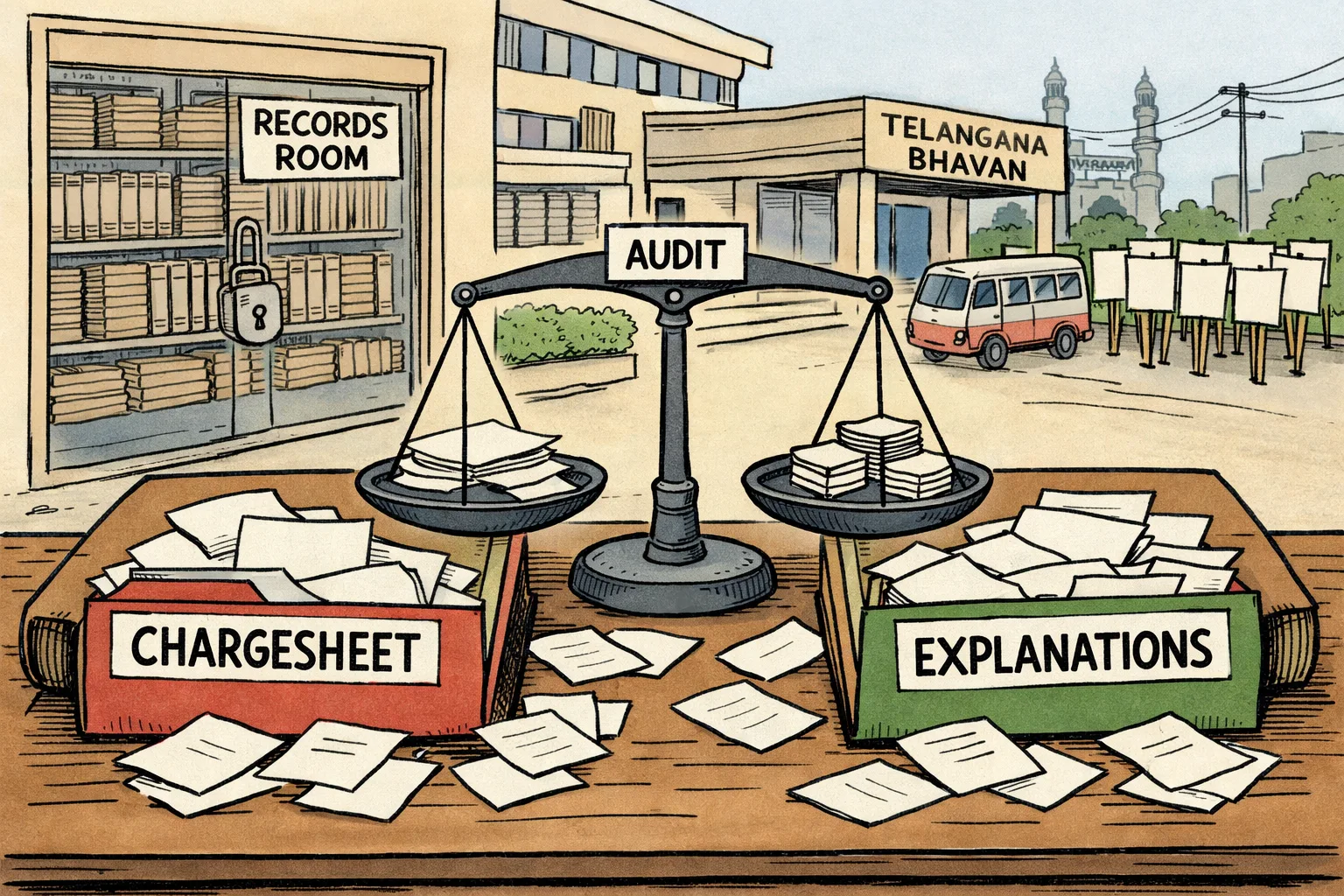 Two large folders labelled “CHARGESHEET” and “EXPLANATIONS” sit beside a level audit scale with almost no documents, while a Telangana office records room and campaign van wait in the background.