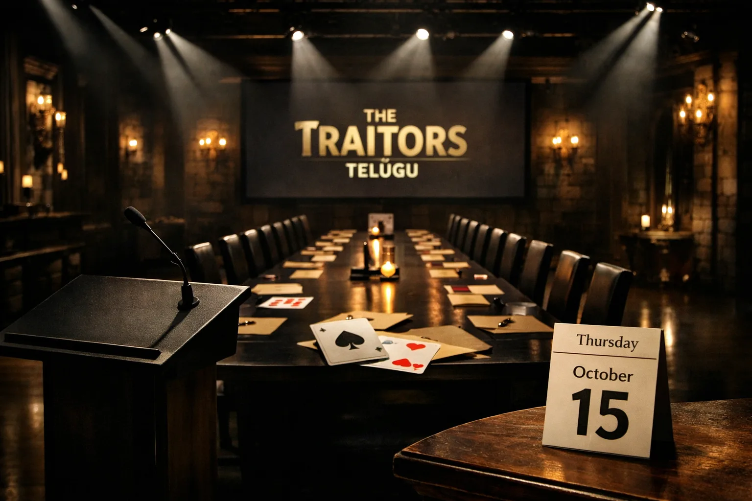 A dark reality-show set with twenty chairs around a long table, sealed envelopes and playing-card props, a presenter’s lectern, and a screen promoting a Telugu streaming series.