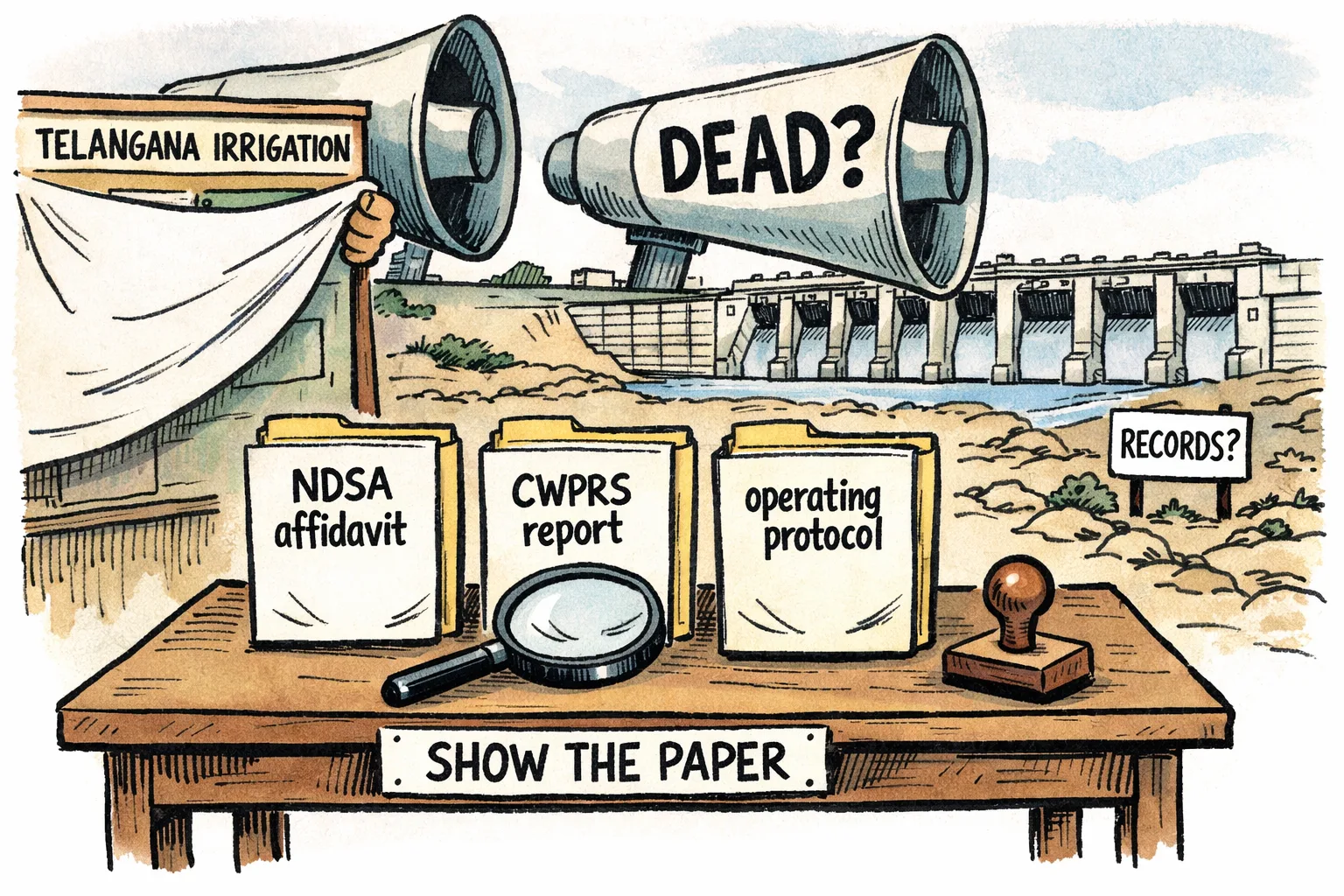 Empty folders labelled NDSA affidavit, CWPRS report and operating protocol sit on a table beneath opposing megaphones marked “CLEARED?” and “DEAD?”, with a Telangana barrage in the background.