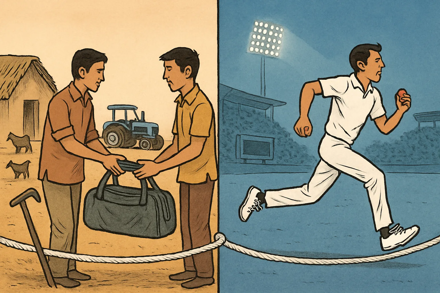 A cartoon split down the middle: on one side an older brother in plain clothes hands a cricket kit bag to his younger sibling on a dusty village field before picking up a farm hoe; on the other side the younger man, now in cricket whites, runs in to bowl under stadium floodlights.