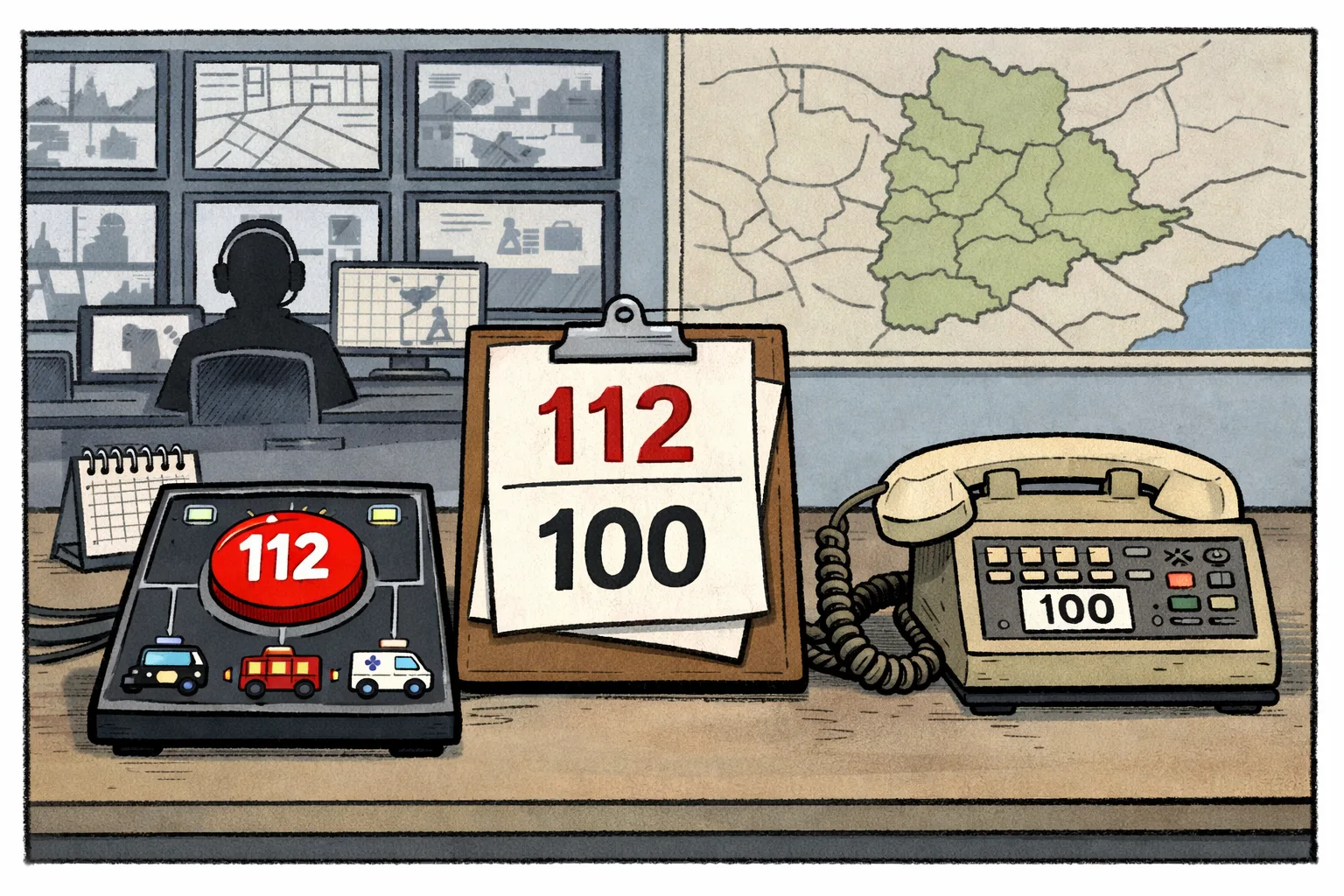 A Telangana emergency call-centre console with one large glowing button marked 112 and an old telephone handset beside it marked 100, while a stack of official pages shows both numbers.