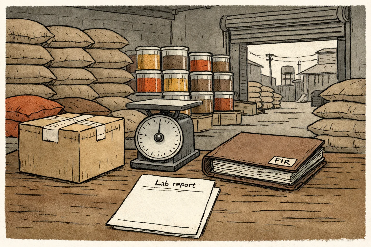 A sealed evidence box marked for a Hyderabad spice raid sits beside an unopened file folder, with sacks of coloured spice material in a storeroom behind them.