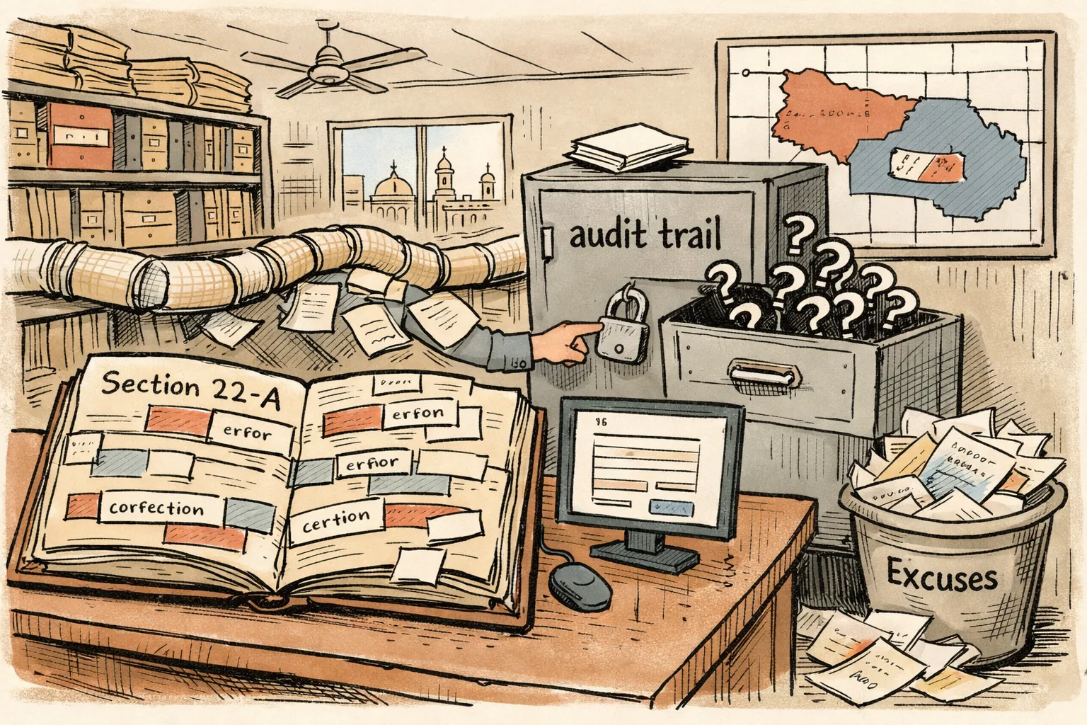 A tangled land-record ledger with correction patches sits beneath a locked cabinet labelled audit trail, while files leak into a wastebasket and a small white paper booklet remains unopened.