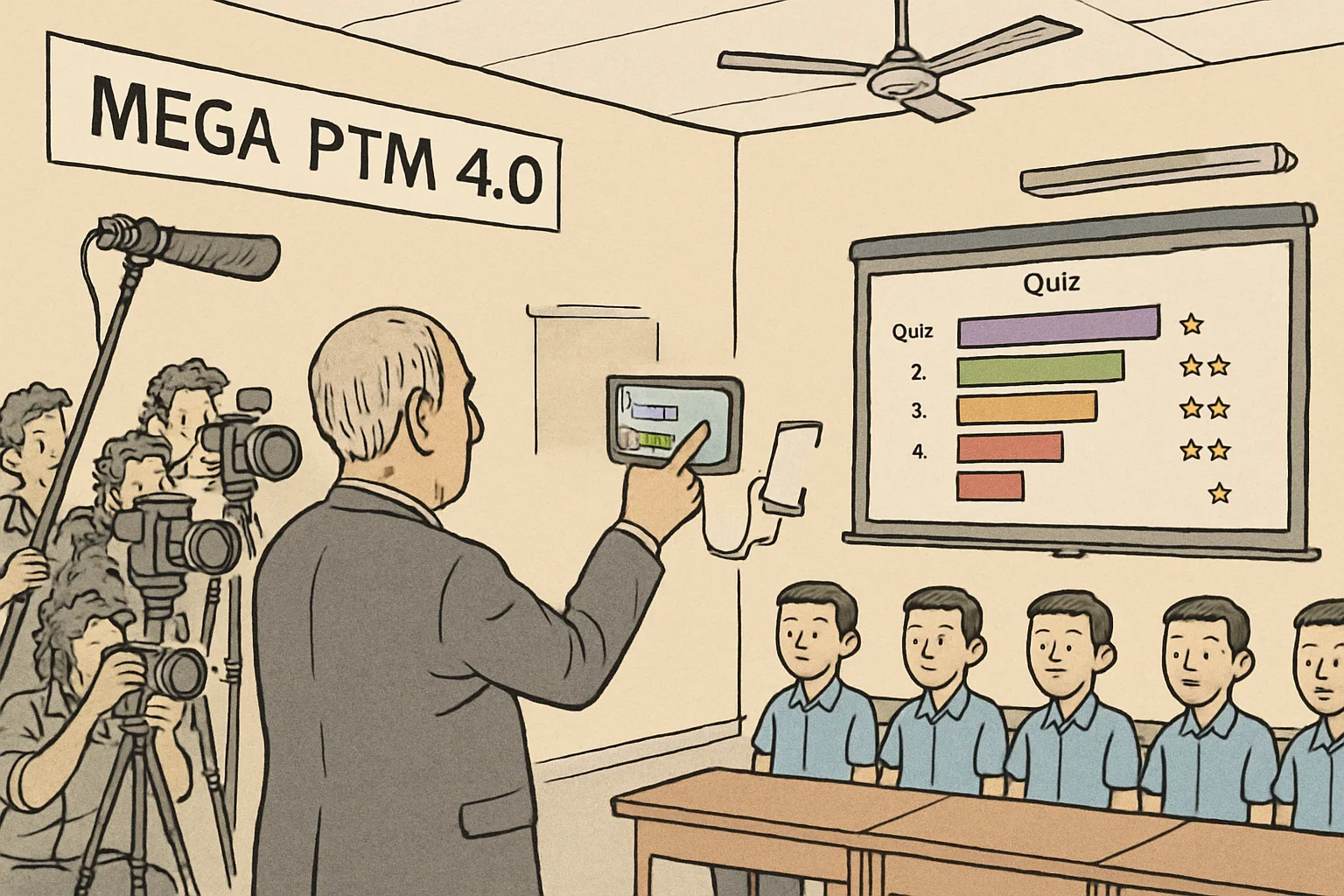 A crowded school classroom where camera equipment, tripods and journalists occupy more space than teaching materials. A suited figure holds up a smartphone to a projector screen displaying quiz rankings. Students sit passively in identical rows. A banner reading 'Mega PTM 4.0' hangs on the wall behind.