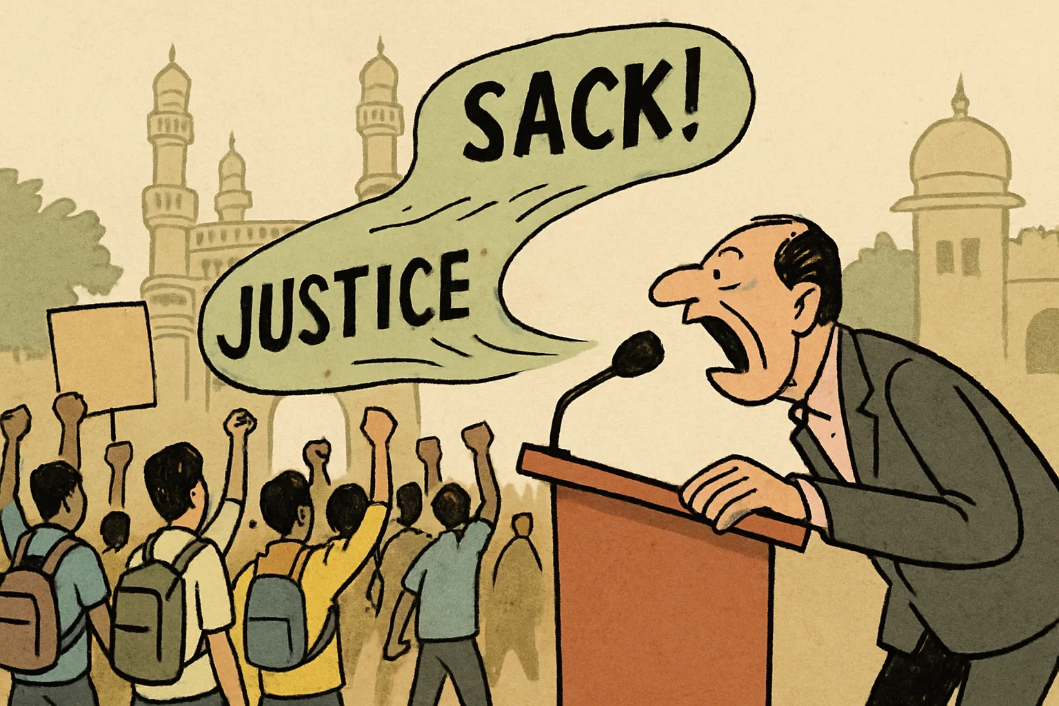 A politician at a microphone addresses an energised crowd of student protesters, positioned as if riding the momentum of their movement rather than directing it.